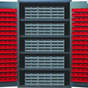 The Quantum Heavy-Duty 48 Bin Cabinet, measuring 48W x 24D x 78H, features an all-welded 14-gauge construction. With a gray powder-coated finish, it includes four shelves holding up to 400 lbs each, with interlocking doors showcasing 15 gray drawers and interior doors lined with 128 red bins.