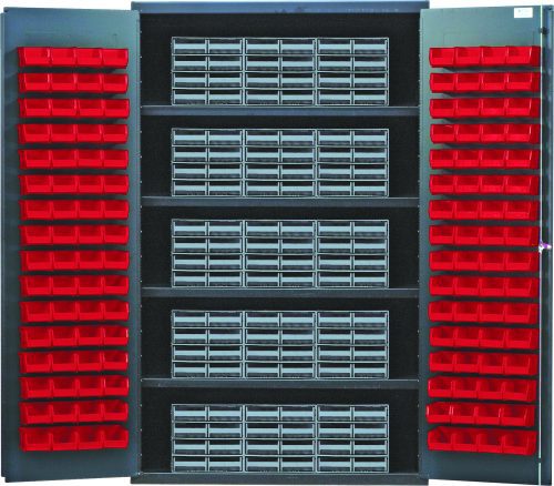 The Quantum Heavy-Duty 48 Bin Cabinet, measuring 48W x 24D x 78H, features an all-welded 14-gauge construction. With a gray powder-coated finish, it includes four shelves holding up to 400 lbs each, with interlocking doors showcasing 15 gray drawers and interior doors lined with 128 red bins.