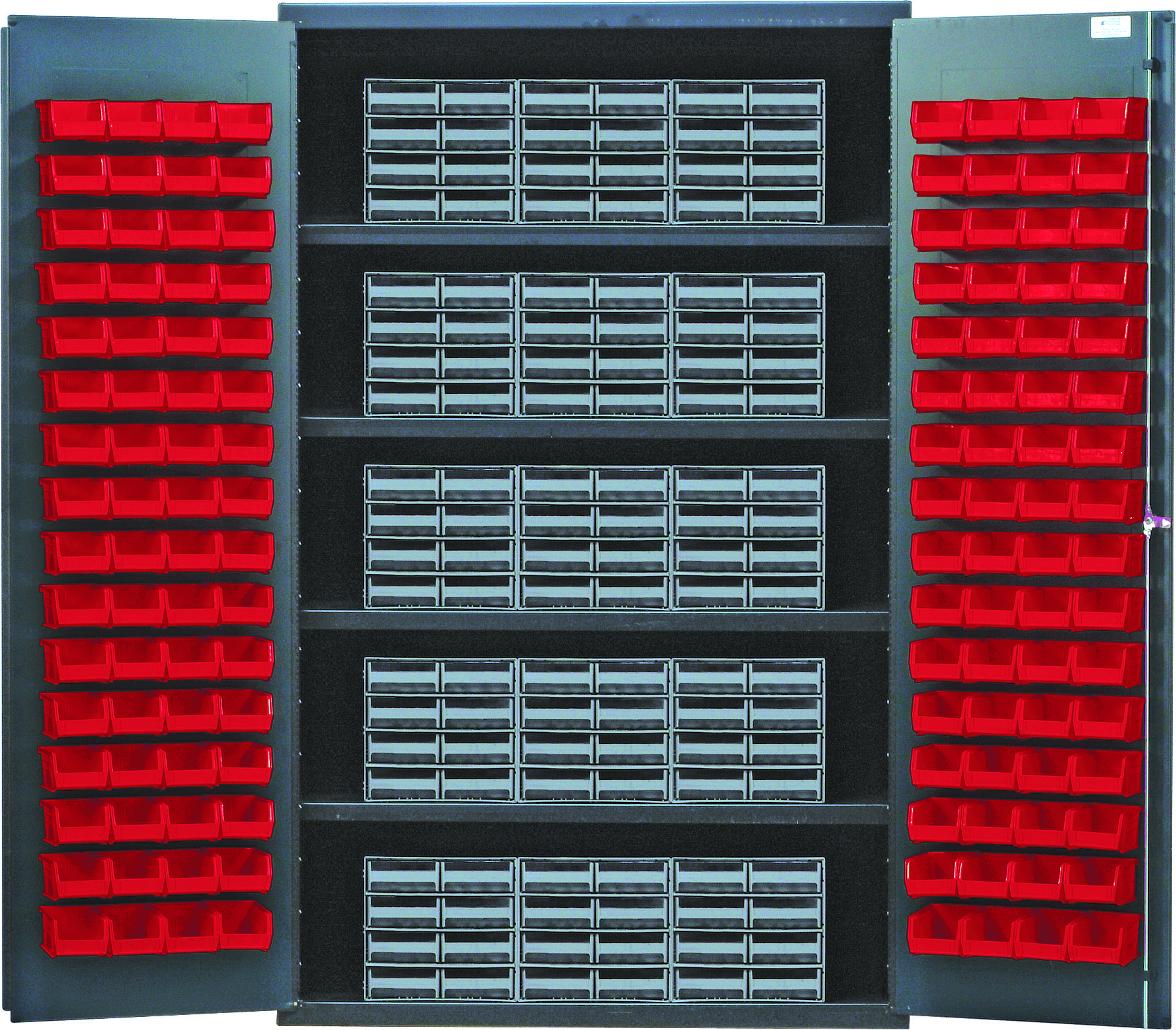 Heavy-Duty 48" Bin Cabinet, Interlocking Drawer Storage, 48"W X 24"D X 78"H, 400 Lb. Load Capacity Per Shelf, 14 Gauge All Welded Construction, Includes: (4) Shelves, (15) Qic-86 Gray Interlocking Drawers And (128) QUS210 Red Bins, Gray Powder-Coated Finish