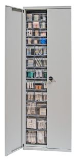 A Quantum Tip Out Bin Cabinet, 26-1/4W x 10D x 79-1/2H in gray, shows organized transparent drawers with medical supplies like bandages, syringes, and gloves. It features a flush door and includes (3) Qtb304, (5) Qtb305, and (4) Qtb306 bins.