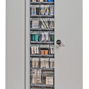 A Quantum Tip Out Bin Cabinet, 26-1/4W x 10D x 79-1/2H in gray, shows organized transparent drawers with medical supplies like bandages, syringes, and gloves. It features a flush door and includes (3) Qtb304, (5) Qtb305, and (4) Qtb306 bins.