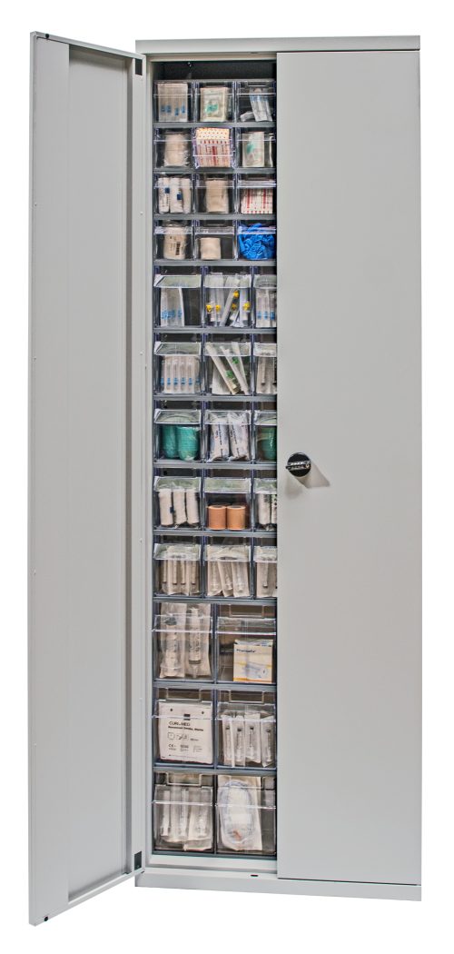 A Quantum Tip Out Bin Cabinet, 26-1/4W x 10D x 79-1/2H in gray, shows organized transparent drawers with medical supplies like bandages, syringes, and gloves. It features a flush door and includes (3) Qtb304, (5) Qtb305, and (4) Qtb306 bins.