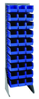 The Quantum Rack is 18W x 12.5D x 66H, made of gray enamel-coated, louvered 16-gauge steel with a 375 lb. capacity and shipped KD. It features multiple rows of small blue plastic bins for easy access and organization.
