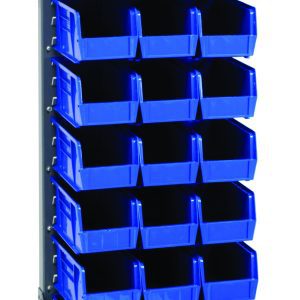The Quantum Rack is 18W x 12.5D x 66H, made of gray enamel-coated, louvered 16-gauge steel with a 375 lb. capacity and shipped KD. It features multiple rows of small blue plastic bins for easy access and organization.