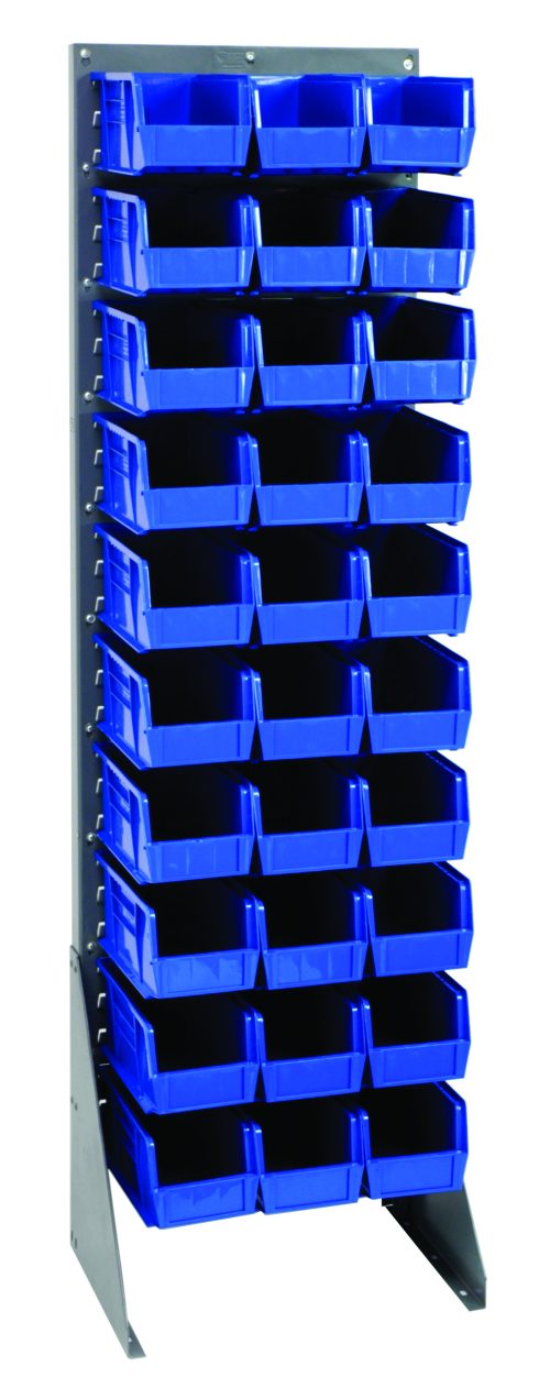 The Quantum Rack is 18W x 12.5D x 66H, made of gray enamel-coated, louvered 16-gauge steel with a 375 lb. capacity and shipped KD. It features multiple rows of small blue plastic bins for easy access and organization.