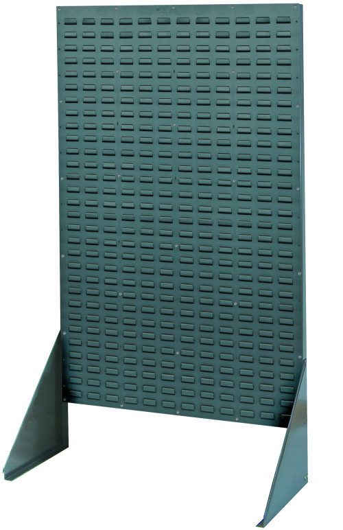 The Quantum Rack is a 36W x 12.5D x 66H louvered panel made from 16-gauge gray enamel-coated steel, featuring a robust design with an 800 lb. capacity and supported by triangular brackets. Shipped Kd.
