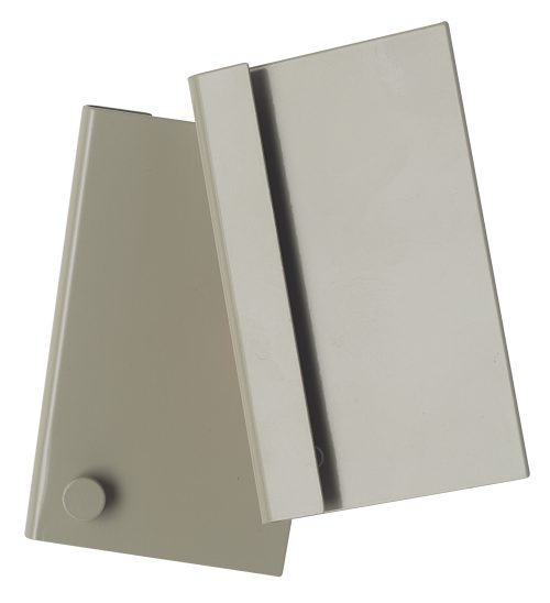 QTB-LP-BKT_BG.jpg Two overlapping beige, minimalist rectangles are on a white background. One has a small round knob resembling the Quantum Louvered Panel Bracket for QTB Tip Out Bins, adding functionality to its sleek design.