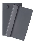 Two overlapping dark gray books rest on a white surface, subtly resembling the sleek design of the Quantum Louvered Panel Bracket for QTB Tip-Out Bins. The top book is slightly tilted over the other, with a small circular object at its upper left corner.