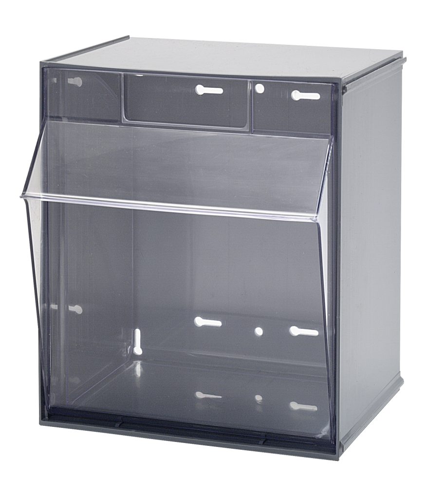 Gray tip-out bin cabinet with clear tilting bins