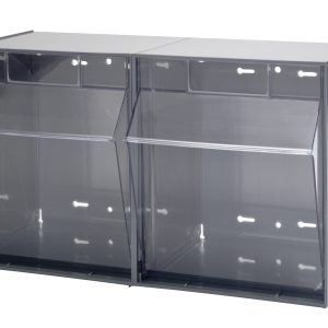 Quantum Tip Out Bins, featuring dual compartments and a handle with a label slot, have front lids that open to a 45° angle. Each plastic clear container is placed side by side within the polystyrene gray cabinet against a plain background. Made in the USA.