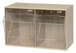 The Quantum Tip Out Bin has two transparent compartments that open to a 45° angle for easy access. The clear plastic containers are housed in an ivory polystyrene cabinet with handle and label slots, designed in the USA for simple functionality and visibility of contents.