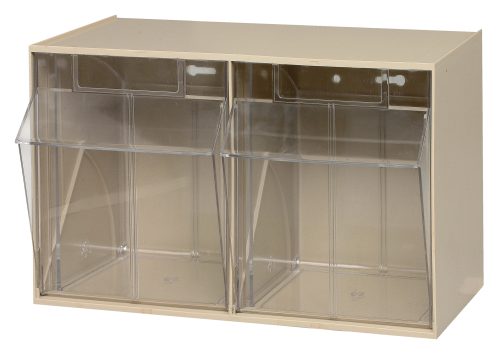 The Quantum Tip Out Bin has two transparent compartments that open to a 45° angle for easy access. The clear plastic containers are housed in an ivory polystyrene cabinet with handle and label slots, designed in the USA for simple functionality and visibility of contents.