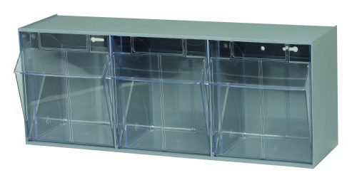 The Quantum Tip Out Bin, a polystyrene gray cabinet with 3 compartments, features a handle with label slot and clear plastic containers that open to a 45° angle. Ideal for wall mounting or tabletop use, it offers stylish functionality and easy access. Made in the USA.