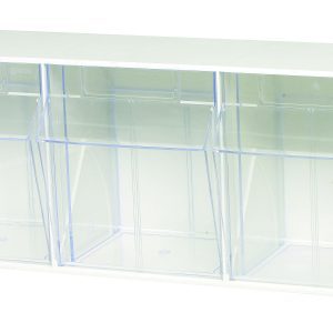 The Quantum Tip Out Bin features three clear containers with label slot handles, each tilting outward to 45° for easy access. The plastic polystyrene white cabinet is made in the USA and shown against a plain white backdrop.