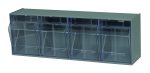 The Quantum Tip Out Bin features a polystyrene gray cabinet with four clear plastic compartments, each with a tip-out design opening to a 45° angle. It includes handles with label slots, providing an ideal solution for organizing small items in an industrial style. Made in the USA.