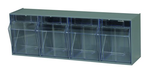 QTB304_GY.jpg The Quantum Tip Out Bin features a polystyrene gray cabinet with four clear plastic compartments, each with a tip-out design opening to a 45° angle. It includes handles with label slots, providing an ideal solution for organizing small items in an industrial style. Made in the USA.