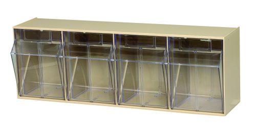 The Quantum Tip Out Bin, featuring a polystyrene ivory cabinet and four clear plastic compartments with flip-top lids and label-slot handles, is perfect for organizing small items. This sleek, USA-made unit aligns bins evenly in a single row and opens to a 45° angle.