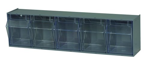 The Quantum Tip Out Bin features five identical plastic clear compartments with flip-top lids that open to a 45° angle, set in a rectangular polystyrene gray frame with handles and label slots for easy organization of small items. Made in the USA.
