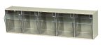 The Quantum Tip Out Bin features a polystyrene ivory cabinet with five compartments, each with clear lids that open to a 45° angle. This USA-made plastic container includes label slots for easy organization and stands out against a white background.