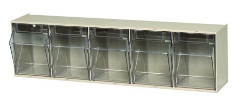 The Quantum Tip Out Bin features a polystyrene ivory cabinet with five compartments, each with clear lids that open to a 45° angle. This USA-made plastic container includes label slots for easy organization and stands out against a white background.
