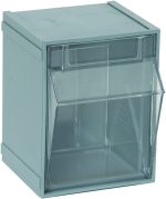 The Quantum Tip Out Bin features a clear front lid opening to 45°, perfect for organizing small items. Made in the USA, it has a durable plastic container with a polystyrene gray cabinet, solid top and sides, and includes a handle with a label slot. Dimensions: 5-1/4W x 4-3/4D x 6-1/4H.