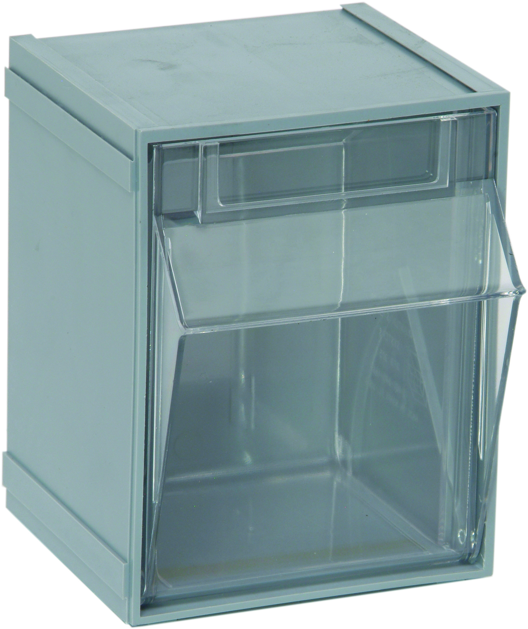 Tip Out Bin, (1) Compartment, 5-1/4"W X 4-3/4"D X 6-1/4"H, Handle With Label Slot, Opens To A 45° Angle, Plastic Clear Container, Polystyrene Gray Cabinet, Made In USA