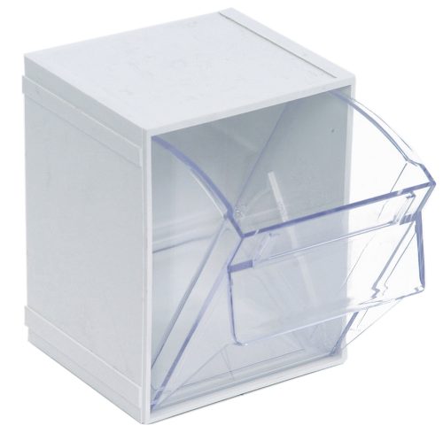 The Quantum Tip Out Bin, a clear plastic container with a polystyrene white cabinet, features one compartment with an angled lid that opens to 45° for easy viewing and access. Its dimensions are 5-1/4W x 4-3/4D x 6-1/4H, and it includes a handle with a label slot. Made in USA.