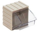 The Quantum Tip Out Bin features a clear plastic container within an ivory polystyrene cabinet, opening outward to a 45° angle for easy access. With dimensions of 3-5/8W x 4-1/16D x 4-1/4H and a handle with a label slot, this Made in USA product blends functionality with style.
