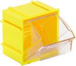 The Quantum Tip Out Bin has a single compartment and measures 2-3/8W x 2-13/16D x 3H. It features a clear plastic container with a handle and label slot, opening to a 45° angle. The polystyrene yellow cabinet is made in the USA, perfect for stacking or mounting.