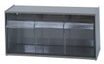 The Quantum Dividable Tip Out Bin features two clear, plastic compartments in a polystyrene gray cabinet. It measures 23-5/8W x 5-1/4D x 5-15/16H and has a handle with a label slot. Each container opens individually at a 45° angle, ideal for organizing small items. Made in the USA.
