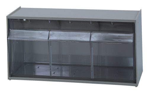 The Quantum Dividable Tip Out Bin features two clear, plastic compartments in a polystyrene gray cabinet. It measures 23-5/8W x 5-1/4D x 5-15/16H and has a handle with a label slot. Each container opens individually at a 45° angle, ideal for organizing small items. Made in the USA.