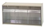 Introducing the Quantum Dividable Tip Out Bin: a transparent, two-compartment storage solution measuring 23-5/8W x 5-1/4D x 5-15/16H. It features a handle with a label slot and each compartment opens to a 45° angle for easy access. Made in the USA with an ivory polystyrene cabinet.