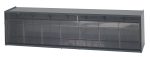 The Quantum Dividable Tip Out Bin measures 23-5/8W x 5-1/4D x 5-15/16H and features a clear plastic compartment with a handle and label slot, opening to a 45° angle. It is encased in a polystyrene gray cabinet, made in the USA.