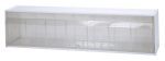 The Quantum Dividable Tip Out Bin, a polystyrene white cabinet with a clear plastic compartment, measures 23-5/8W x 5-1/4D x 5-15/16H and opens to a 45° angle for efficient small item organization on walls or flat surfaces.