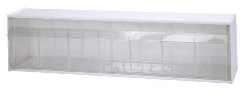 The Quantum Dividable Tip Out Bin, a polystyrene white cabinet with a clear plastic compartment, measures 23-5/8W x 5-1/4D x 5-15/16H and opens to a 45° angle for efficient small item organization on walls or flat surfaces.