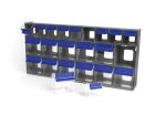 The Quantum Tip Out Bin features 21 compartments with clear plastic drawers and blue handles with label slots. Some drawers are open or removed, placed in front of the gray polystyrene cabinet on a white background. The bin measures 23-5/8W x 11-1/6D x 3-5/8H and is made in the USA.