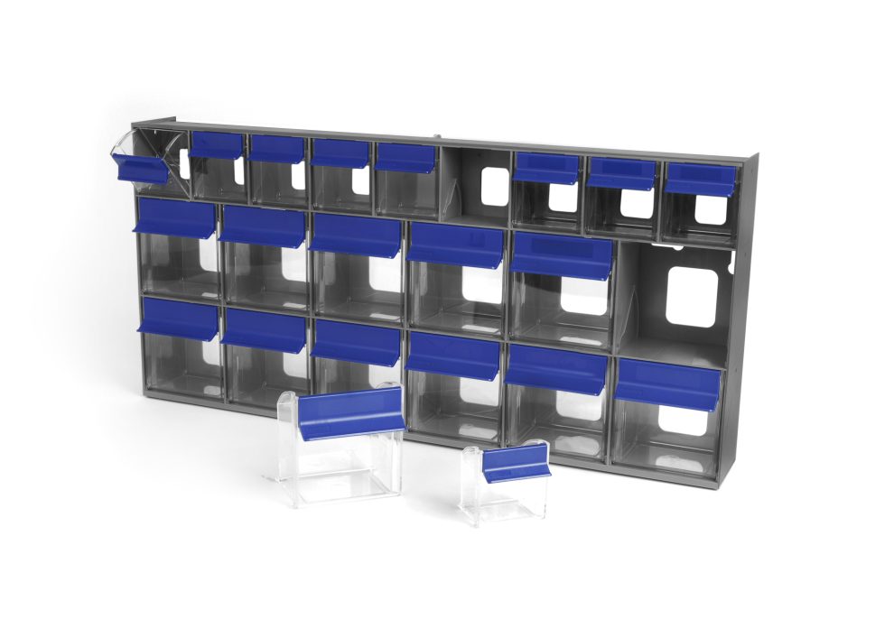 Grey Quantum tip out bin cabinet with 21 clear removable compartments