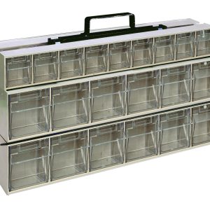The Quantum Tip Out Bin Portable Frame is a 24W x 14H black powder-coated steel organizer. It features ivory bins, includes (2) QTB309, (4) QTB306, mounting hardware, and has three rows of clear plastic drawers for screws or craft supplies.