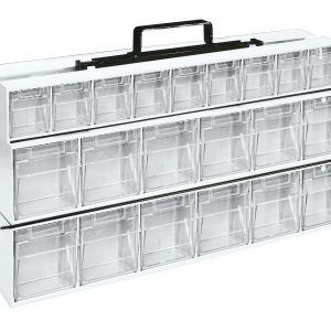 The Quantum Tip Out Bin Portable Frame features a black powder-coated steel frame, measures 24W x 14H, and includes (2) QTB309 and (4) QTB306 white bins. It is ideal for efficiently storing and organizing small items with easy visibility through multiple transparent drawers.