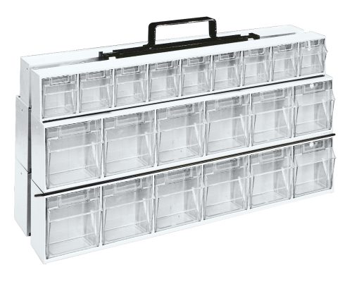 The Quantum Tip Out Bin Portable Frame features a black powder-coated steel frame, measures 24W x 14H, and includes (2) QTB309 and (4) QTB306 white bins. It is ideal for efficiently storing and organizing small items with easy visibility through multiple transparent drawers.