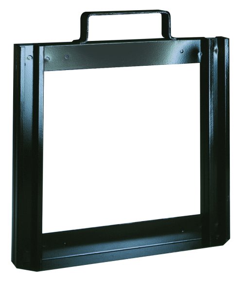 The Quantum Tip Out Bin Portable Frame features a black powder-coated steel frame, measuring 24W x 14H, with a top handle. Its industrial design includes a flat base and vertical sides, ideal for portability (bins sold separately).