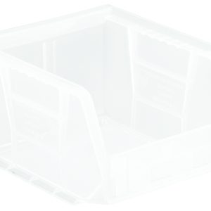 The Quantum Bin, a clear polypropylene storage solution made in the USA, measures 4-1/8W x 5-3/8D x 3H. It includes front/back/side grips, an anti-slide lock, a slanted open front, textured sides, a rear hanger, and a molded-in label holder. Ideal for organizing small items securely.