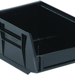 The Quantum Bin is a black storage solution with front, back, and side grips. It includes an anti-slide lock, slanted opening for easy access, divider slot for organization, a rear hanger, and a molded-in label holder. Made in the USA. Size: 4-1/8W x 5-3/8D x 3H.