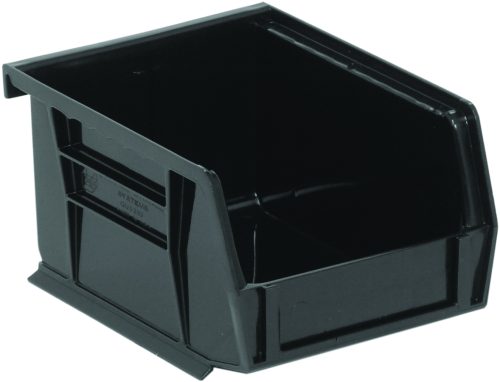 The Quantum Bin, measuring 4-1/8W x 5-3/8D x 3H, features front, back, and side grips for easy handling. It includes an open front, reinforced edges, a divider slot, rear hanger, anti-slide lock, molded-in label holder, and is made of black polypropylene for efficient organization. Made in USA.