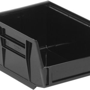 The Quantum Bin is a black, stackable or hangable storage bin made in the USA from recycled polypropylene. It measures 4-1/8W x 5-3/8D x 3H and features front, back, and side grips, an anti-slide lock, divider slot, rear hanger, and molded-in label holder for organizing small items.