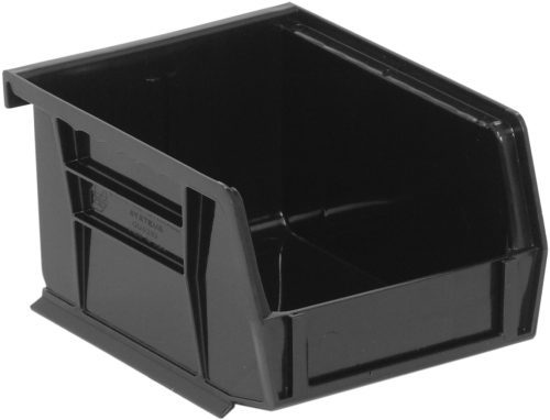 The Quantum Bin is a black, stackable or hangable storage bin made in the USA from recycled polypropylene. It measures 4-1/8W x 5-3/8D x 3H and features front, back, and side grips, an anti-slide lock, divider slot, rear hanger, and molded-in label holder for organizing small items.