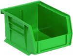 The Quantum Bin, crafted from green polypropylene, measures 4-1/8W x 5-3/8D x 3H. Featuring front/back/side grips, an anti-slide lock, a divider slot, and a molded-in label holder, this USA-made bin is perfect for organizing workshops or garages.