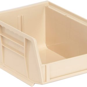 The Quantum Bin in ivory measures 4-1/8W x 5-3/8D x 3H, with grips on all sides, an anti-slide lock, one divider slot, and a rear hanger. Its made from polypropylene and can be stacked or hung for efficient space use. It features a molded-in label holder and is made in the USA.