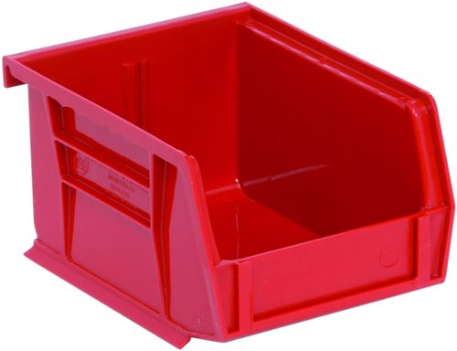 The Quantum Bin is a red 4-1/8W x 5-3/8D x 3H storage solution, designed for organizing small items. Crafted from polypropylene, it features open front, reinforced sides, front/back/side grips, anti-slide lock for stability, divider slot, rear hanger, and molded-in label holder. Made in the USA.