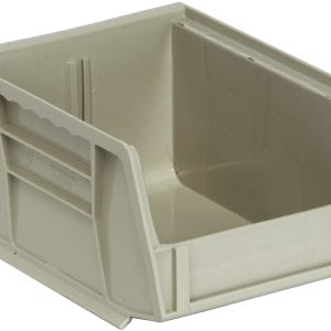 A stone-colored Quantum Bin, stackable or hangable (4-1/8W x 5-3/8D x 3H), features grips on all sides, an anti-slide lock, and a rear hanger. It includes one divider slot and a molded-in label holder. Made in the USA from polypropylene, it sits empty on a white background.